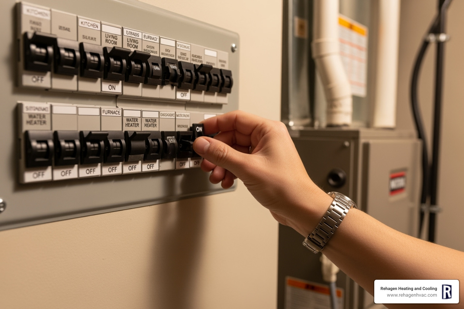 homeowner safely shutting off the power to their furnace at the circuit breaker - emergency furnace repair jefferson city