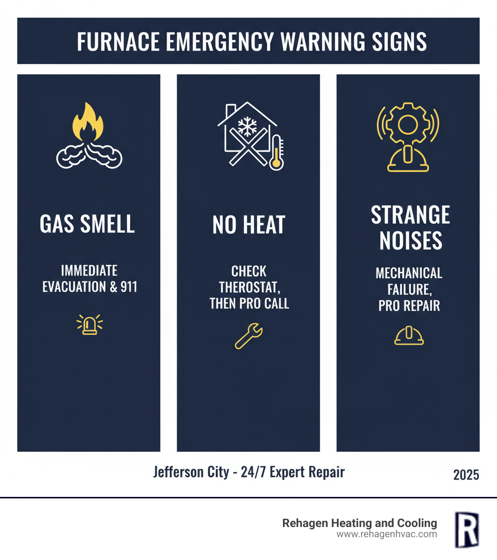 Infographic showing three critical furnace emergency warning signs: gas smell with immediate evacuation required, no heat production with thermostat check needed, and strange noises indicating mechanical failure requiring professional repair - emergency furnace repair jefferson city infographic 