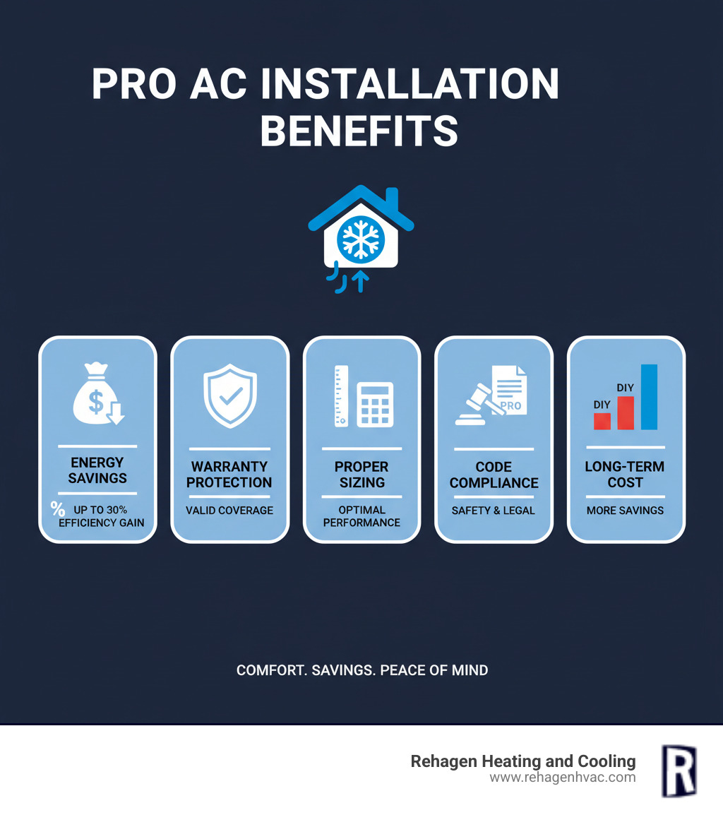 Infographic showing the benefits of professional AC installation including energy savings percentages, warranty protection, proper sizing calculations, code compliance requirements, and long-term cost comparisons between DIY and professional installation - ac installation westphalia infographic 