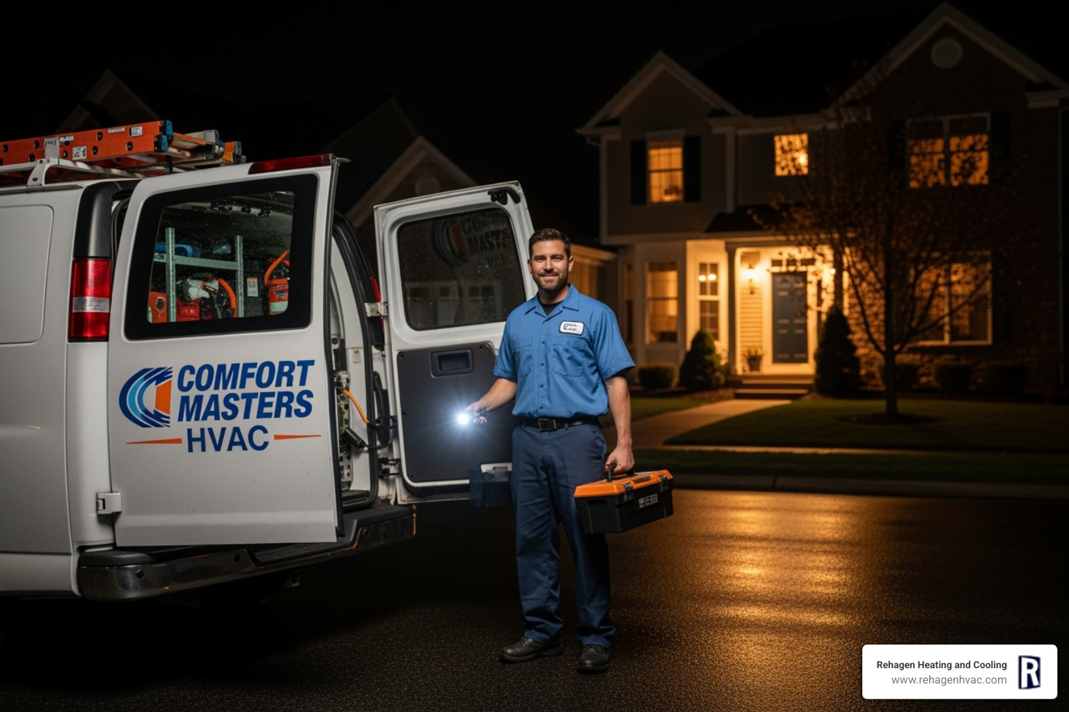A professional HVAC technician arriving at a home in a service van at night, ready to provide emergency repair - 24/7 hvac service columbia