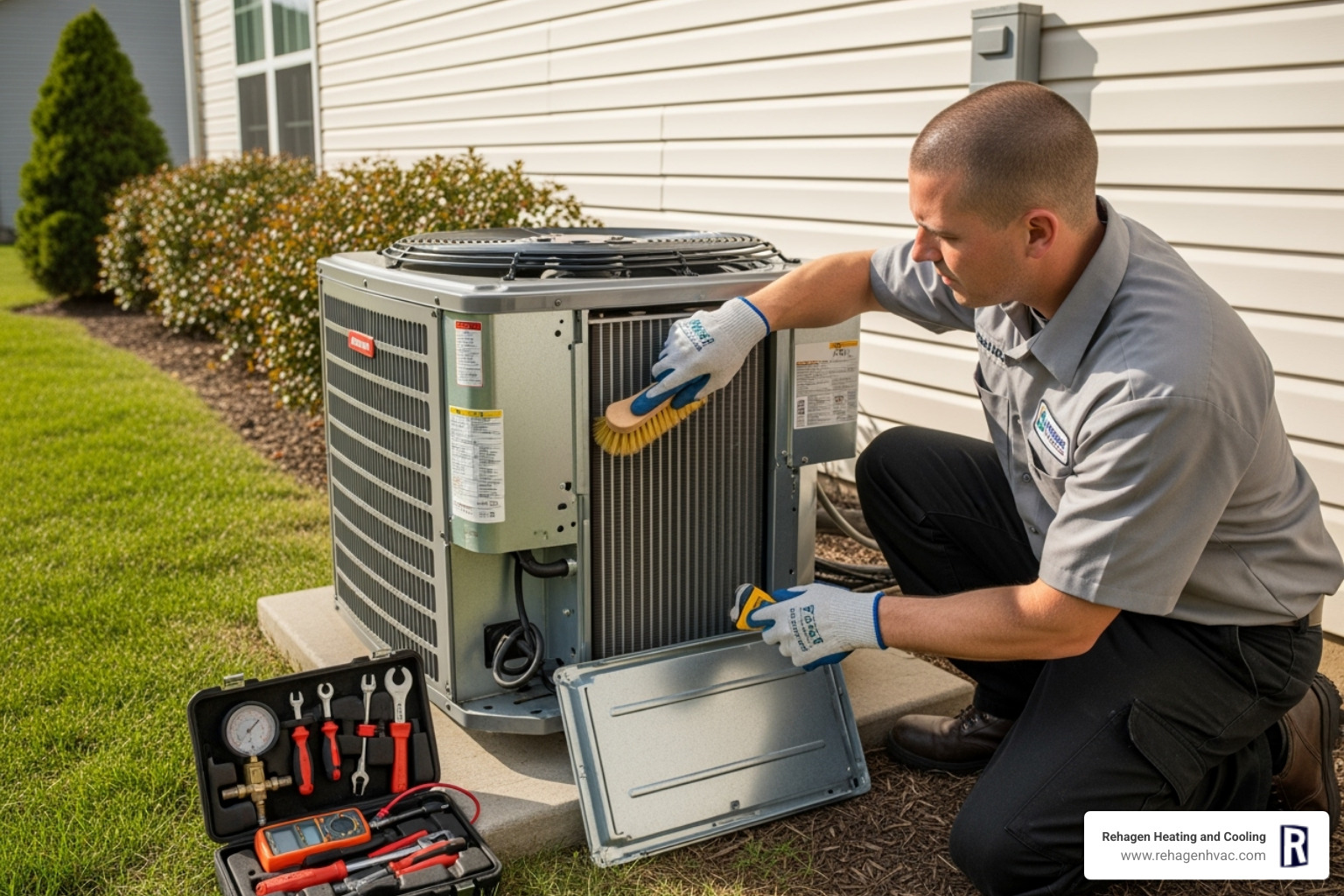 A professional technician performing routine maintenance on an outdoor AC unit, checking components and cleaning coils - 24/7 hvac service columbia