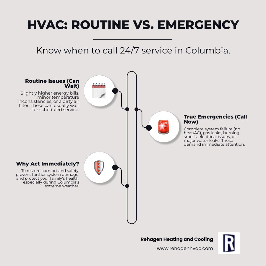 Infographic showing the difference between routine HVAC maintenance issues like dirty filters and minor temperature fluctuations versus true emergencies including complete system failure, gas leaks, electrical problems, burning smells, and major water leaks requiring immediate 24/7 professional response - 24/7 hvac service columbia infographic infographic-line-3-steps-neat_beige