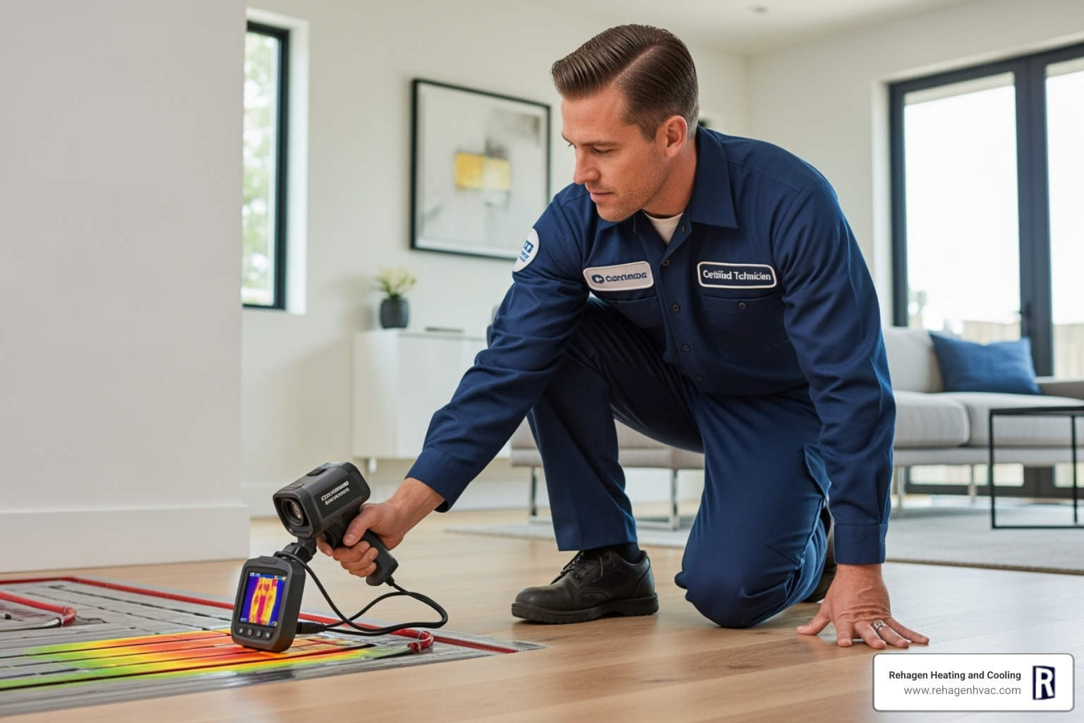 certified technician using thermal camera on floor - radiant floor heating repair columbia