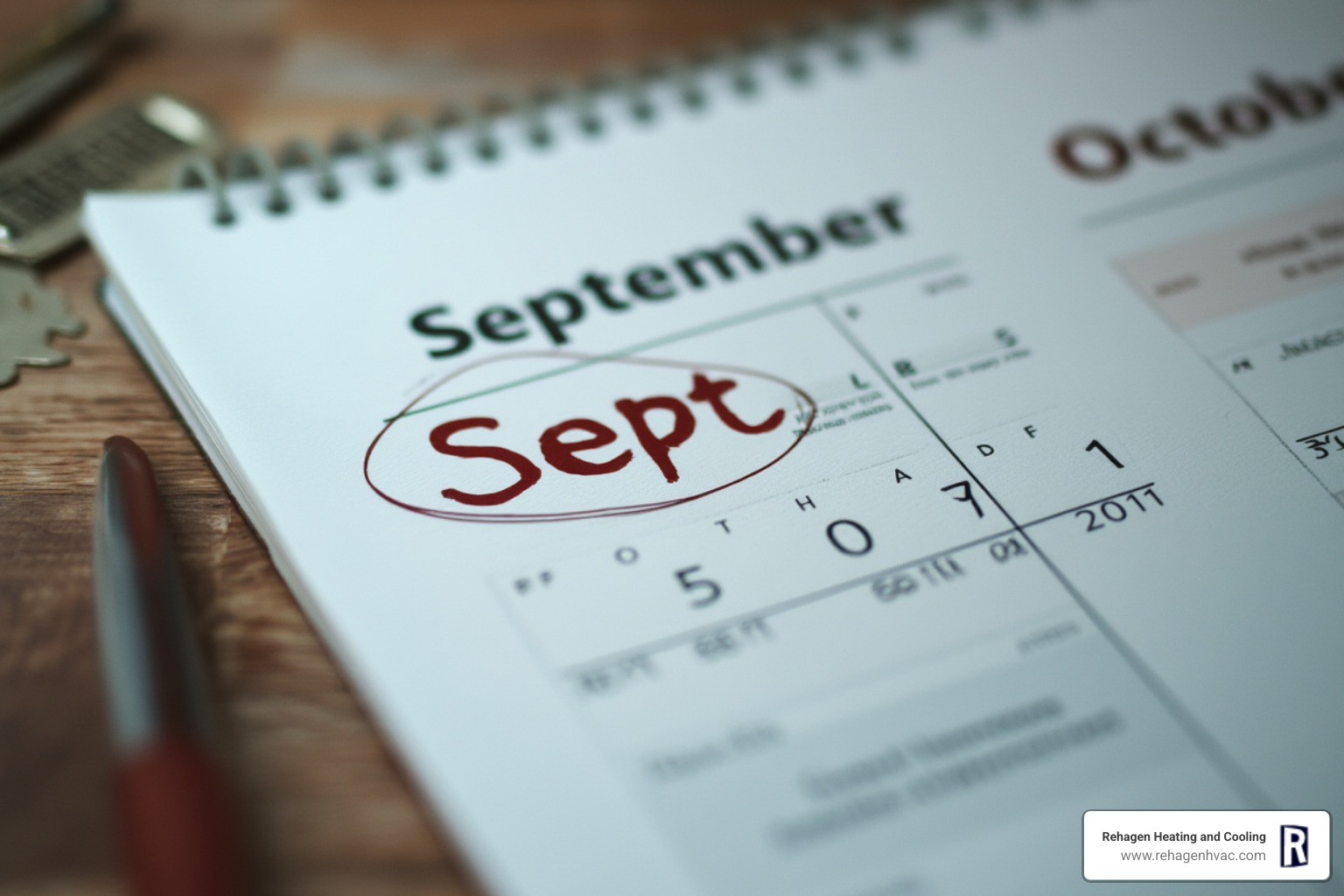 A calendar with the fall season highlighted, specifically September and October, with a "Furnace Check-up" note, symbolizing the ideal time to schedule maintenance - furnace maintenance jefferson city