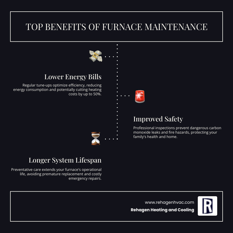 Comprehensive infographic showing the top 3 benefits of annual furnace maintenance for Jefferson City homeowners: Lower Energy Bills with dollar signs and a downward trending graph, Improved Safety featuring carbon monoxide detector and shield icons, and Longer System Lifespan illustrated with a timeline showing extended furnace life from 10 to 20 years - furnace maintenance jefferson city infographic infographic-line-3-steps-dark