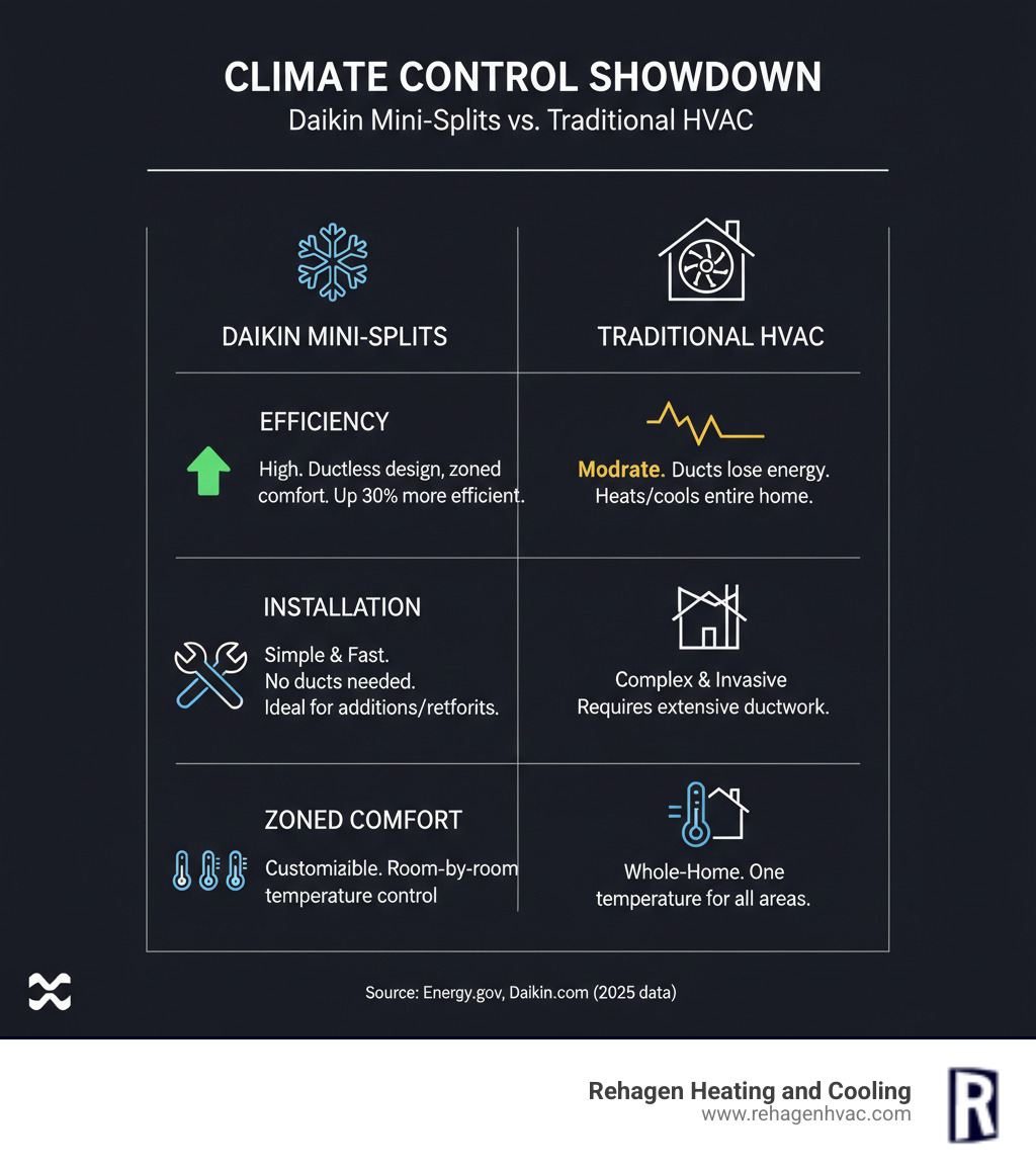 Table comparing Daikin Mini-Splits and Traditional HVAC Systems on Efficiency, Installation, and Zoned Comfort - daikin mini split repair jefferson city infographic 