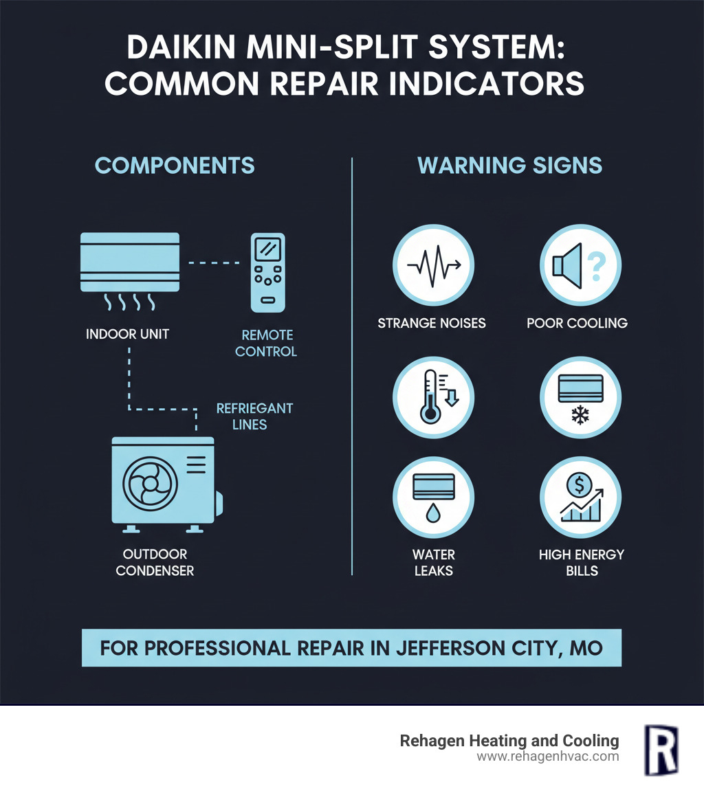 Infographic showing Daikin mini-split system components including wall-mounted indoor unit, outdoor condenser, refrigerant lines, and remote control with common repair indicators like strange noises, poor cooling, water leaks, and high energy bills - daikin mini split repair jefferson city infographic 