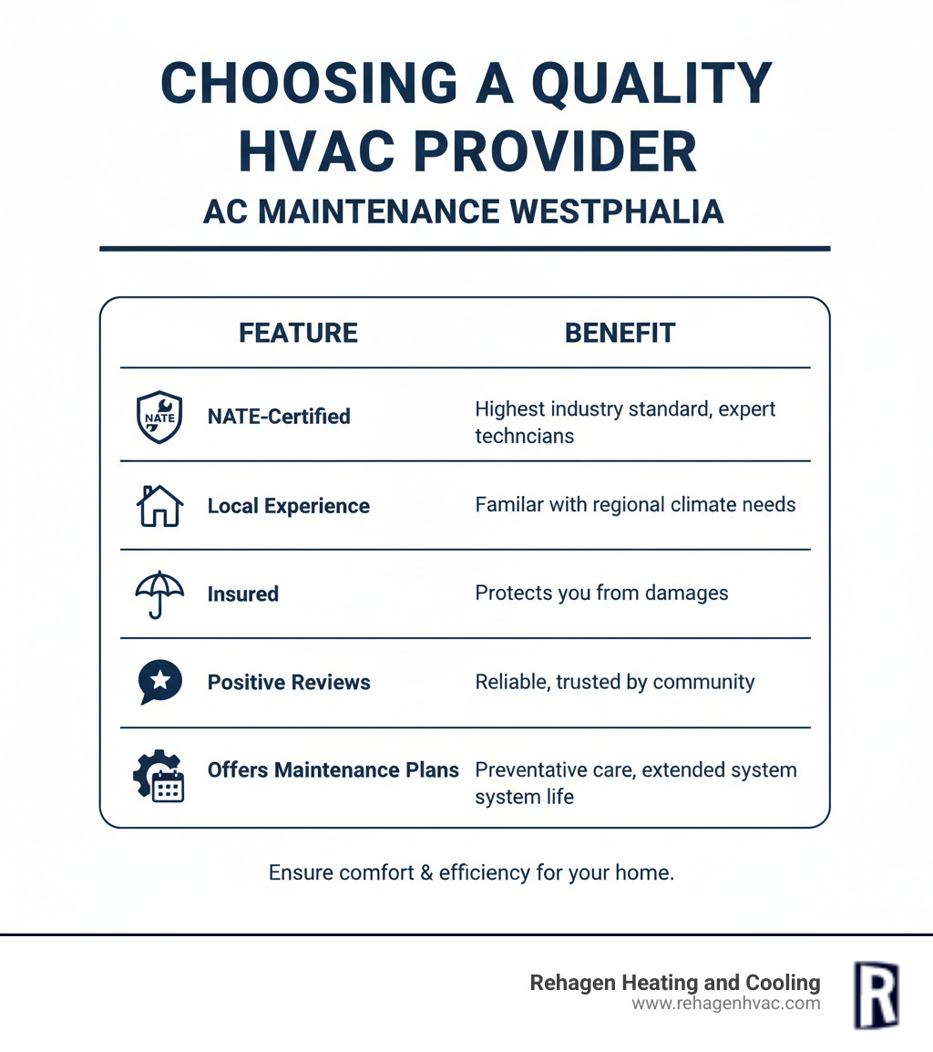 infographic with a table comparing features of a quality HVAC provider: NATE-Certified, Local Experience, Insured, Positive Reviews, Offers Maintenance Plans - ac maintenance westphalia infographic 