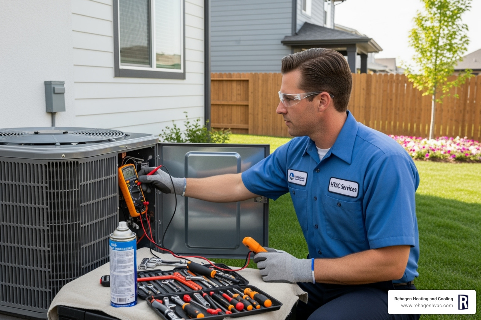 professional HVAC technician servicing an outdoor AC unit - ac maintenance westphalia
