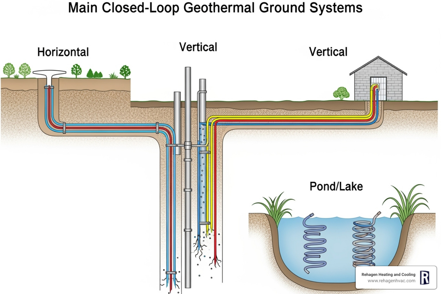 diagram showing vertical, horizontal, and pond/lake closed-loop systems - geothermal cooling service ashland diagram showing vertical, horizontal, and pond/lake closed-loop systems - geothermal cooling service ashland