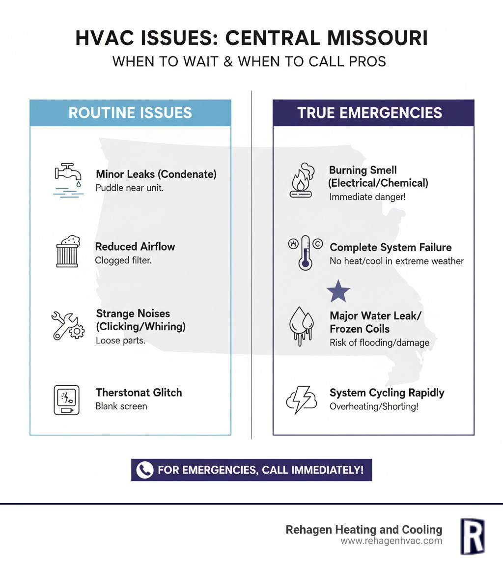 Infographic showing the difference between routine HVAC issues that can wait and true emergencies requiring immediate professional attention, including visual indicators like warning signs, safety hazards, and system failure symptoms specific to Central Missouri weather conditions - emergency hvac westphalia infographic Infographic showing the difference between routine HVAC issues that can wait and true emergencies requiring immediate professional attention, including visual indicators like warning signs, safety hazards, and system failure symptoms specific to Central Missouri weather conditions - emergency hvac westphalia infographic