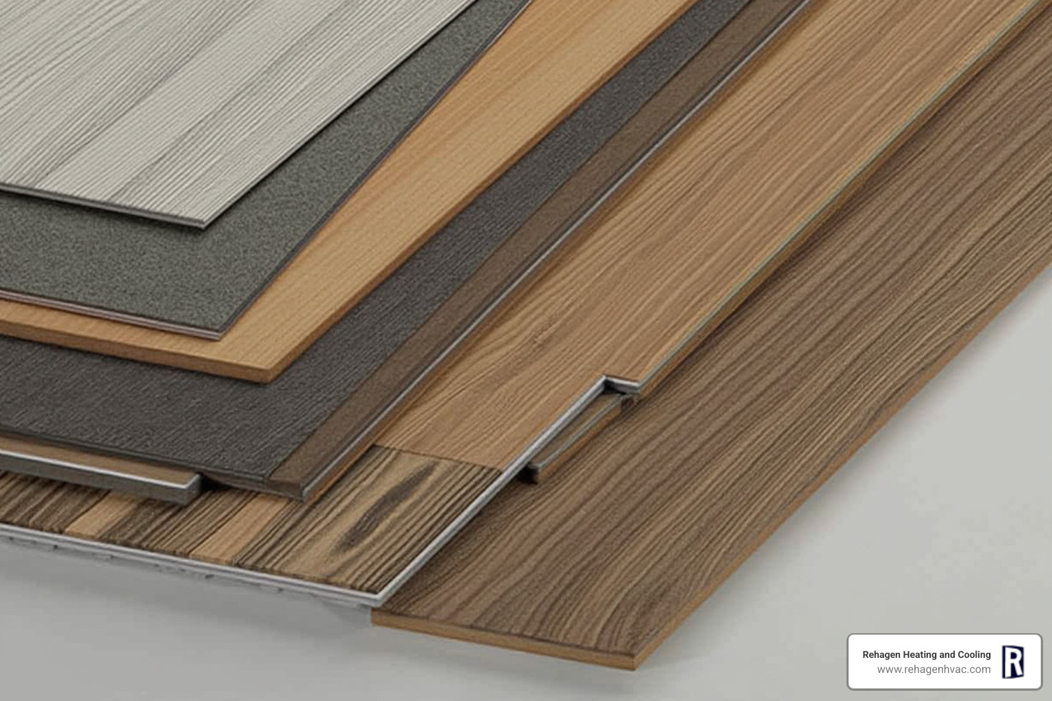 Various compatible flooring types like tile, engineered wood, and LVP stacked together, suitable for radiant heating systems - radiant floor heating installation jefferson city