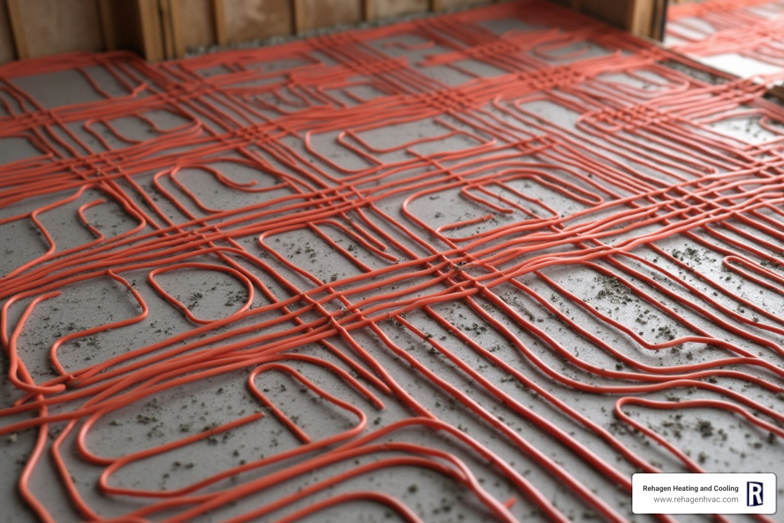 PEX tubing laid out on a subfloor before a concrete pour for hydronic radiant floor heating installation - radiant floor heating installation jefferson city