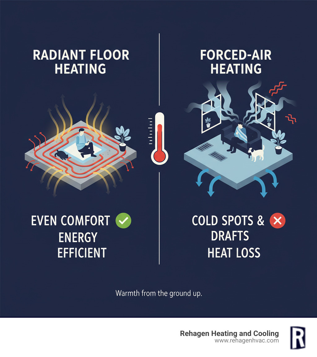 Infographic showing radiant floor heating system with PEX tubing in concrete slab warming objects and people from floor up, compared to forced-air system blowing heated air around room with arrows showing heat loss and uneven temperature distribution - radiant floor heating installation jefferson city infographic 