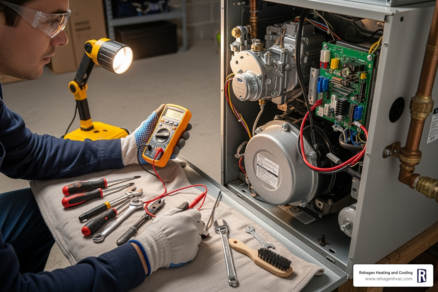 An HVAC technician inspecting the internal components of a furnace, highlighting a detailed and professional repair process - furnace repair jefferson city