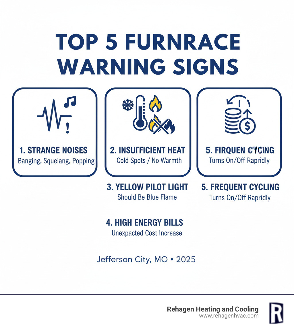 Infographic showing the top 5 furnace warning signs: strange noises like banging or squealing, insufficient heat or cold spots, yellow pilot light instead of blue, unusually high energy bills, and frequent on-off cycling, with icons and brief explanations for each warning sign - furnace repair jefferson city infographic 