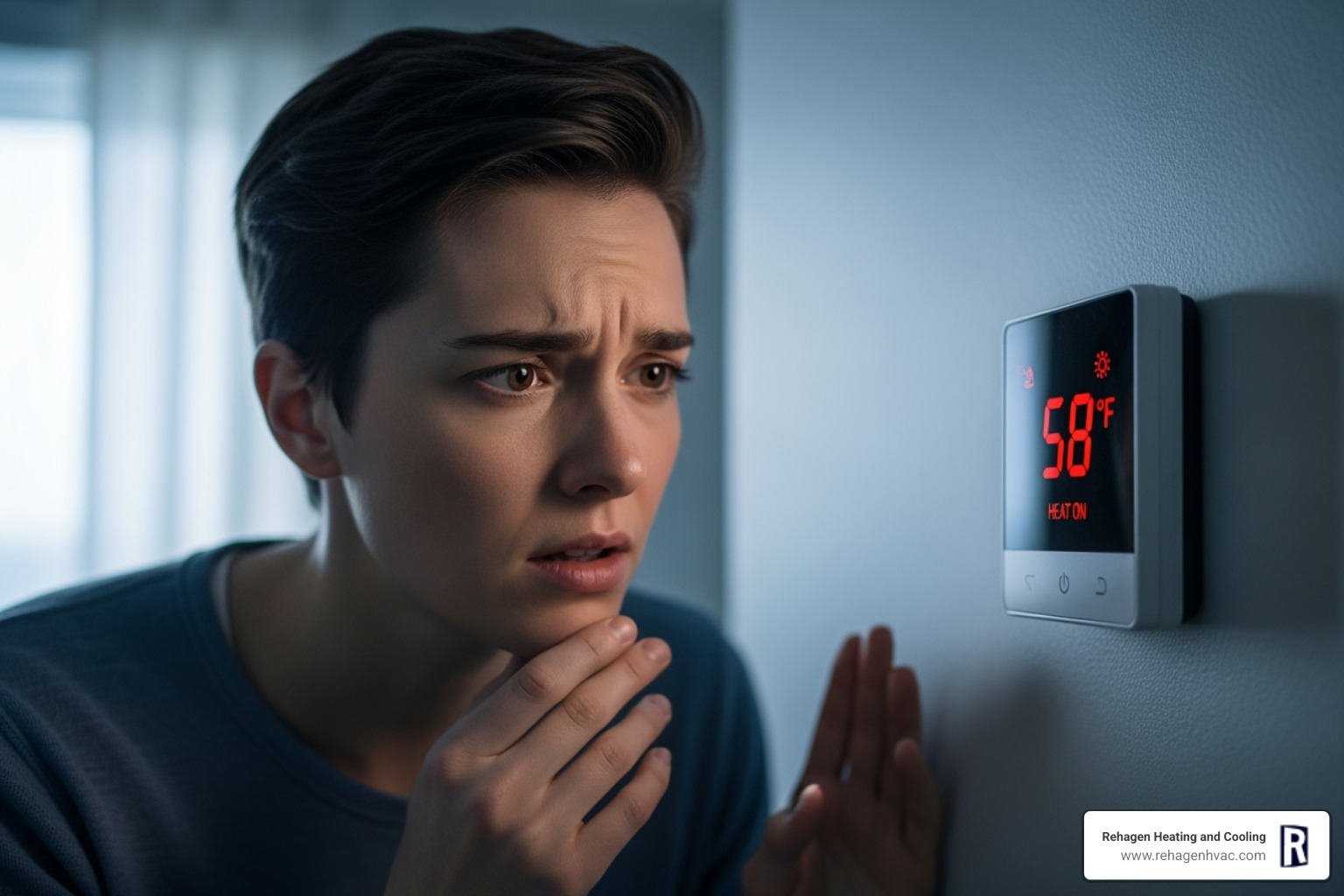 A person looking at their thermostat with a concerned expression, indicating a problem with heating - furnace repair jefferson city