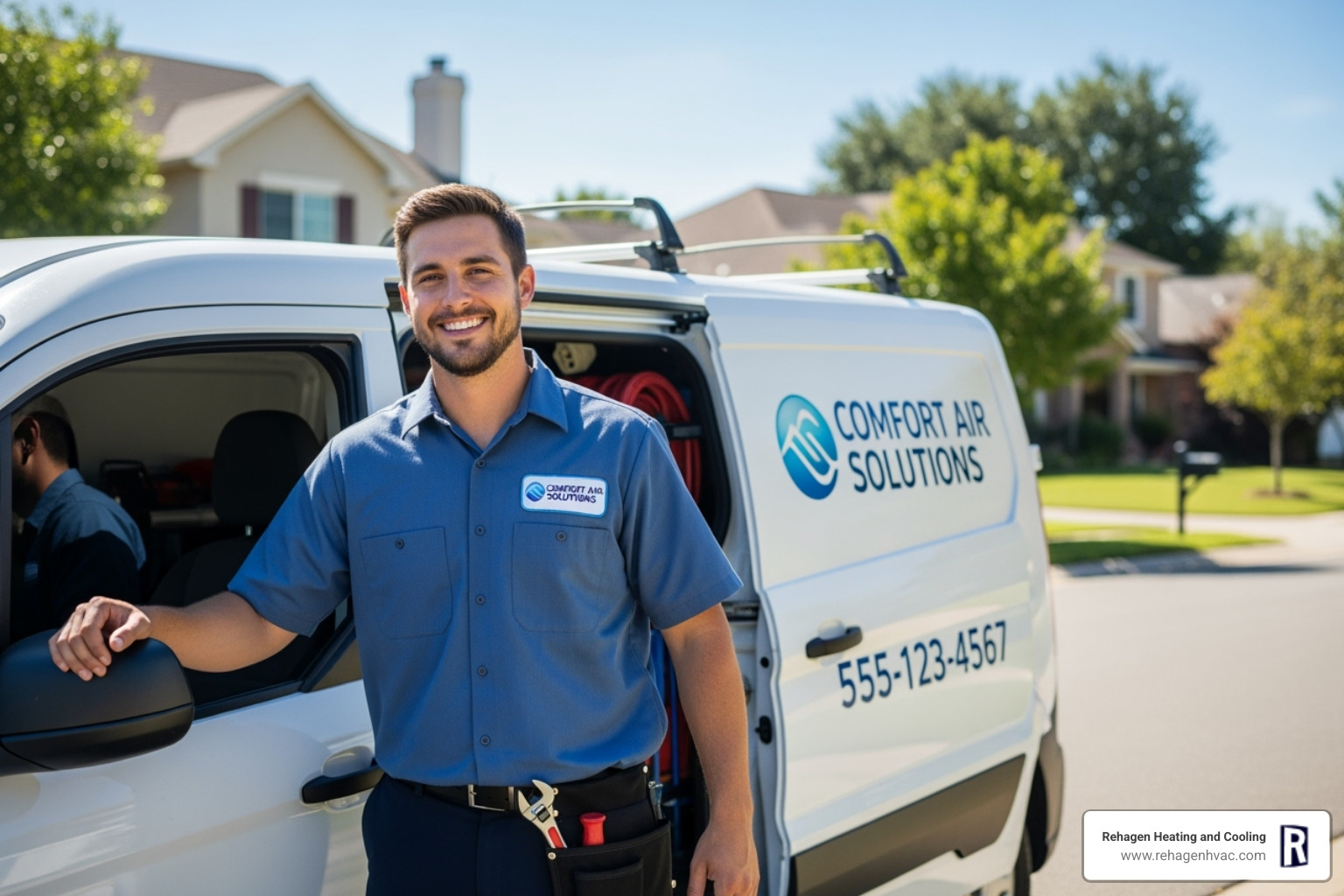 A friendly HVAC technician smiling next to a branded service van in a residential neighborhood of Jefferson City - furnace repair jefferson city
