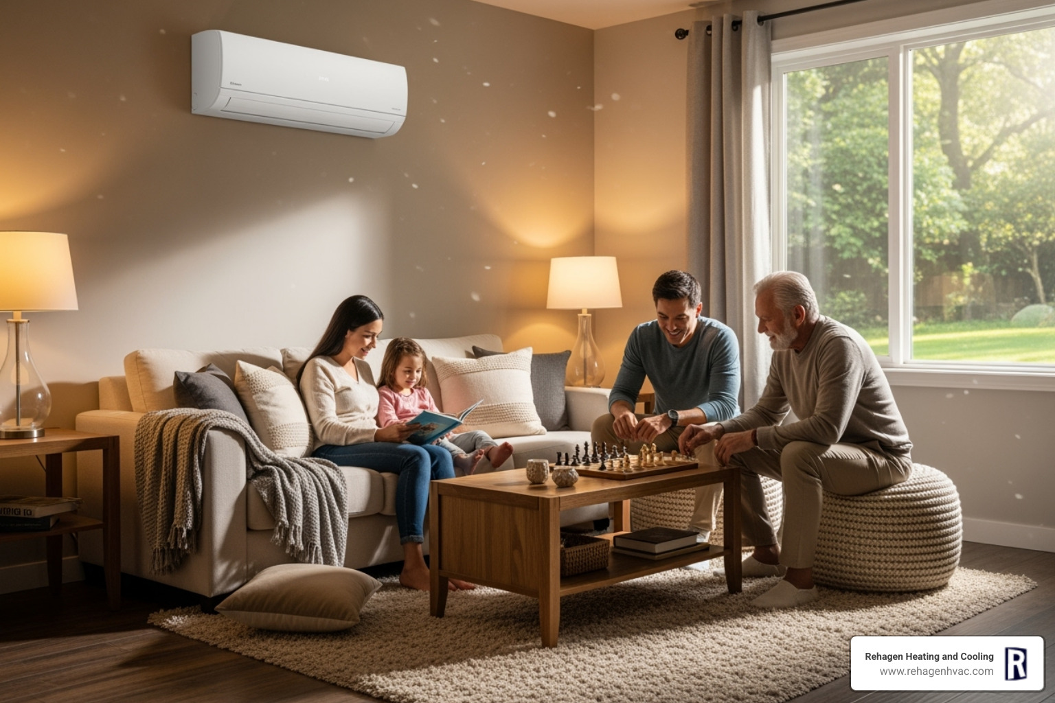 family enjoying a comfortable room with a visible mini-split - mini split maintenance jefferson city family enjoying a comfortable room with a visible mini-split - mini split maintenance jefferson city