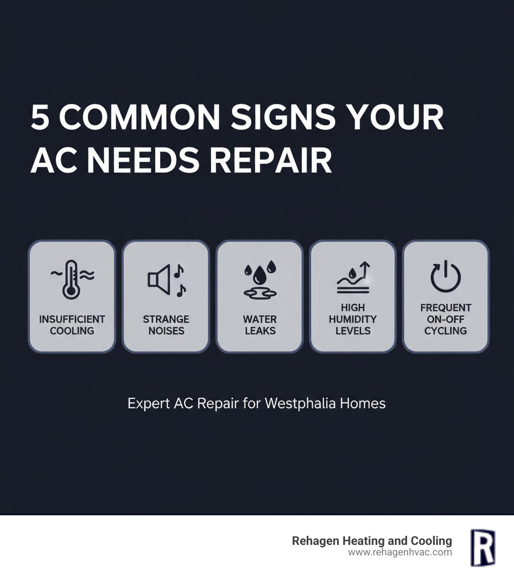 Infographic showing the 5 most common signs your AC needs repair: insufficient cooling with thermostat icon, strange noises with sound waves, water leaks with droplet symbols, high humidity levels with moisture indicator, and frequent on-off cycling with power button - air conditioning repair westphalia infographic 