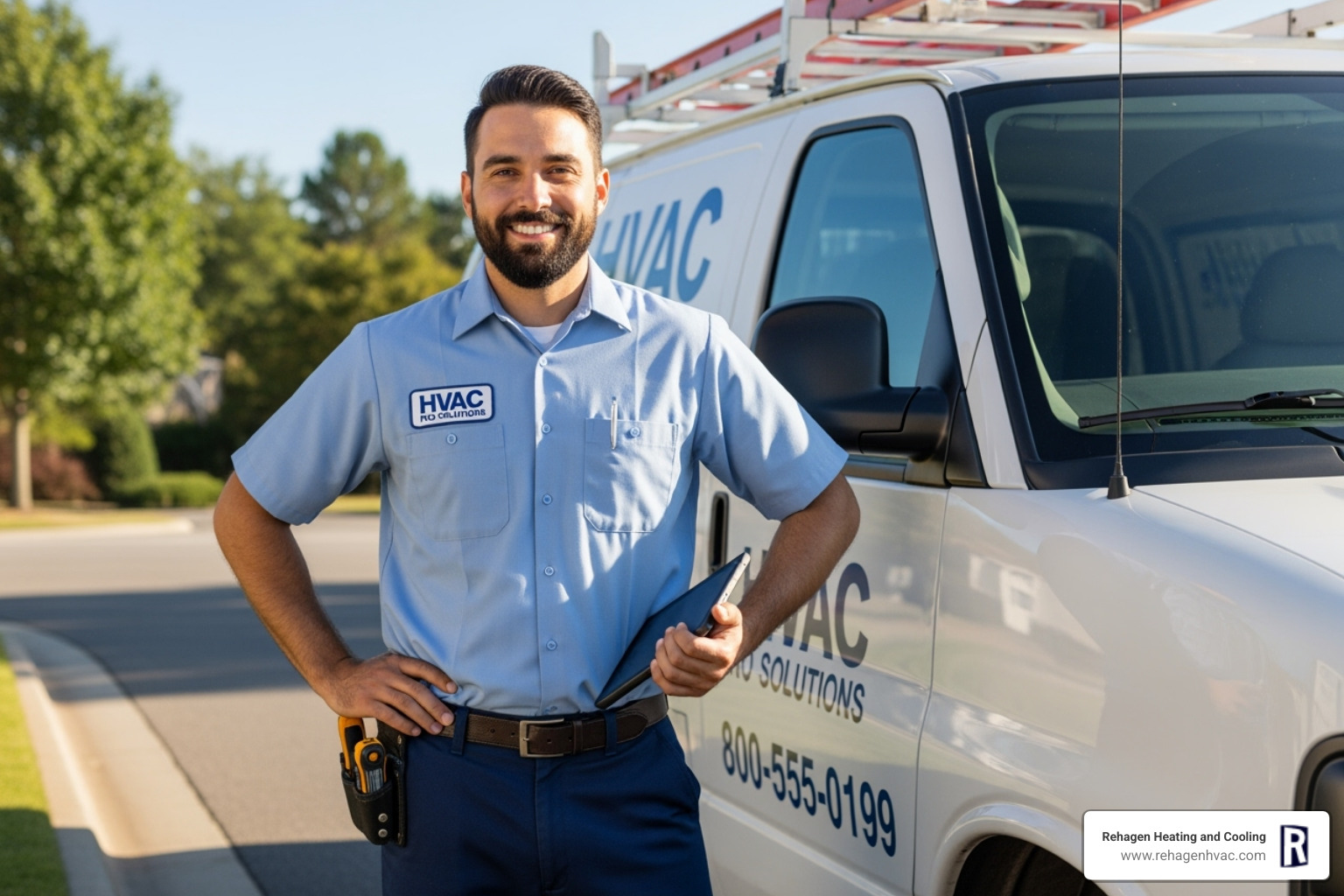 A friendly, professional HVAC technician in a clean uniform standing confidently by a service van, ready for work - air conditioning repair westphalia
