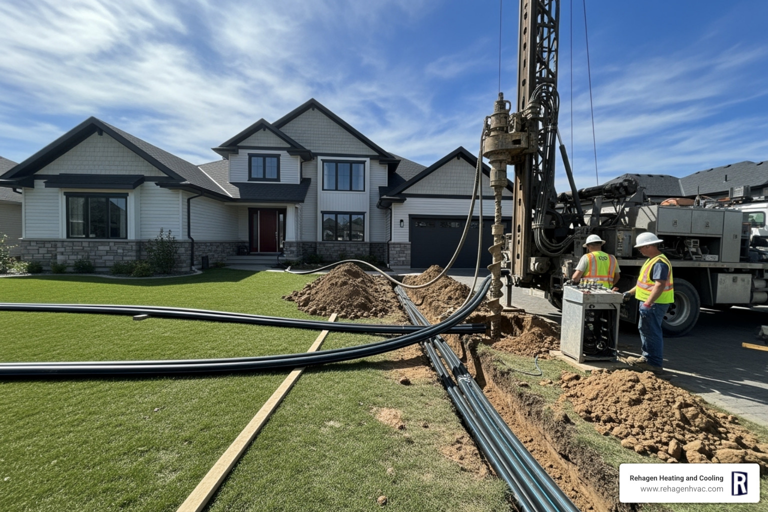 Image of a residential home with a geothermal system being installed - geothermal energy systems columbia Image of a residential home with a geothermal system being installed - geothermal energy systems columbia