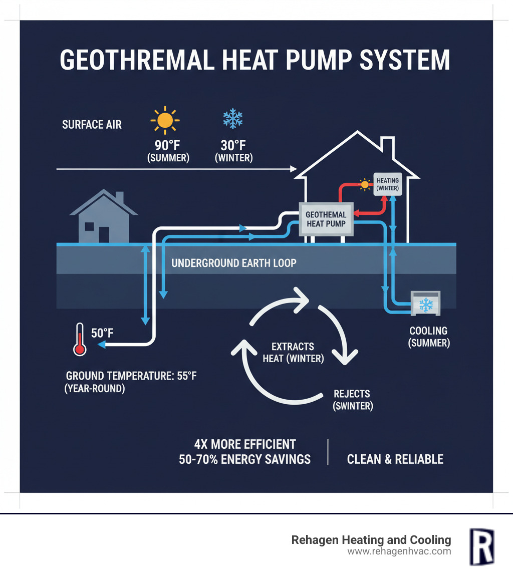 Detailed infographic showing how geothermal heat pumps work with underground loop system, heat pump unit, and home distribution system, including temperature differences between surface air and stable ground temperature - geothermal energy systems columbia infographic Detailed infographic showing how geothermal heat pumps work with underground loop system, heat pump unit, and home distribution system, including temperature differences between surface air and stable ground temperature - geothermal energy systems columbia infographic