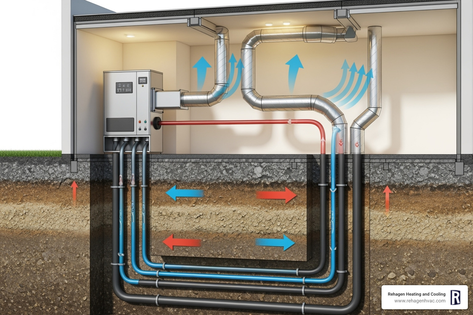 Image showing the three main parts of a geoexchange system: the ground loop, the heat pump unit, and the ductwork/distribution system. - geothermal energy systems columbia Image showing the three main parts of a geoexchange system: the ground loop, the heat pump unit, and the ductwork/distribution system. - geothermal energy systems columbia