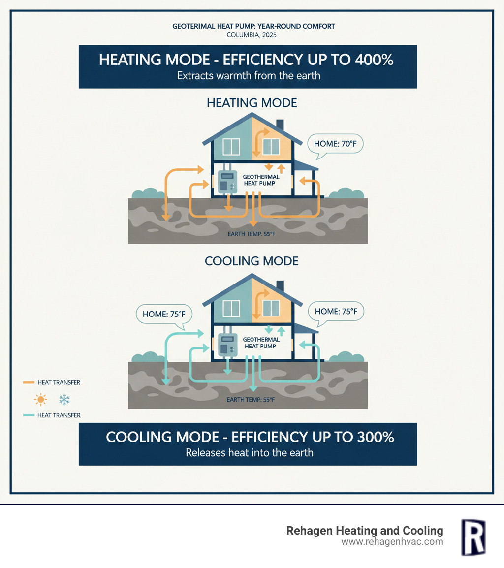 Detailed infographic showing how geothermal heat pumps work, with a cross-section view of a home connected to underground loops, showing heat transfer between the earth and home in both heating and cooling modes, including temperature readings and efficiency ratings - geothermal heating and cooling columbia infographic 