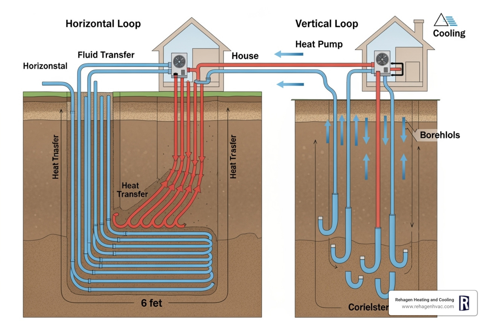 diagram showing both vertical and horizontal ground loop installations - geothermal heating and cooling columbia