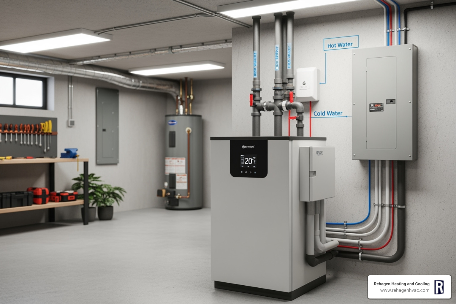 clean, modern indoor geothermal heat pump unit in a basement or utility room - geothermal heating and cooling columbia