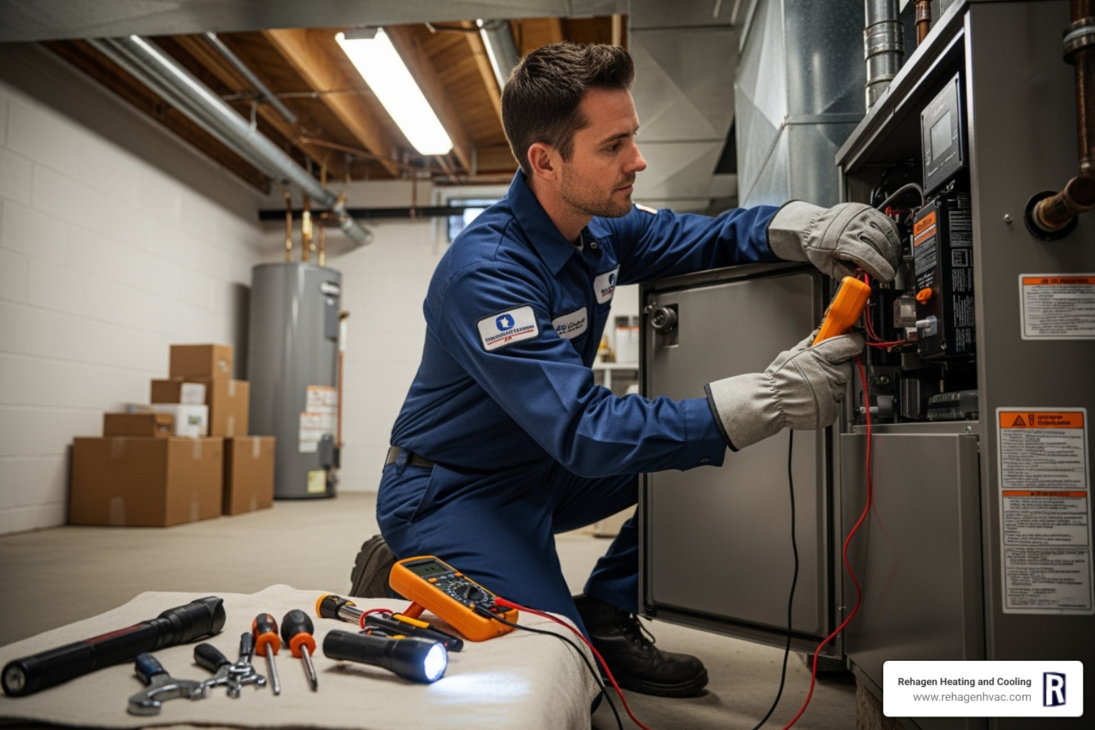 of a professional technician in uniform working on a furnace - emergency heating service jefferson city of a professional technician in uniform working on a furnace - emergency heating service jefferson city