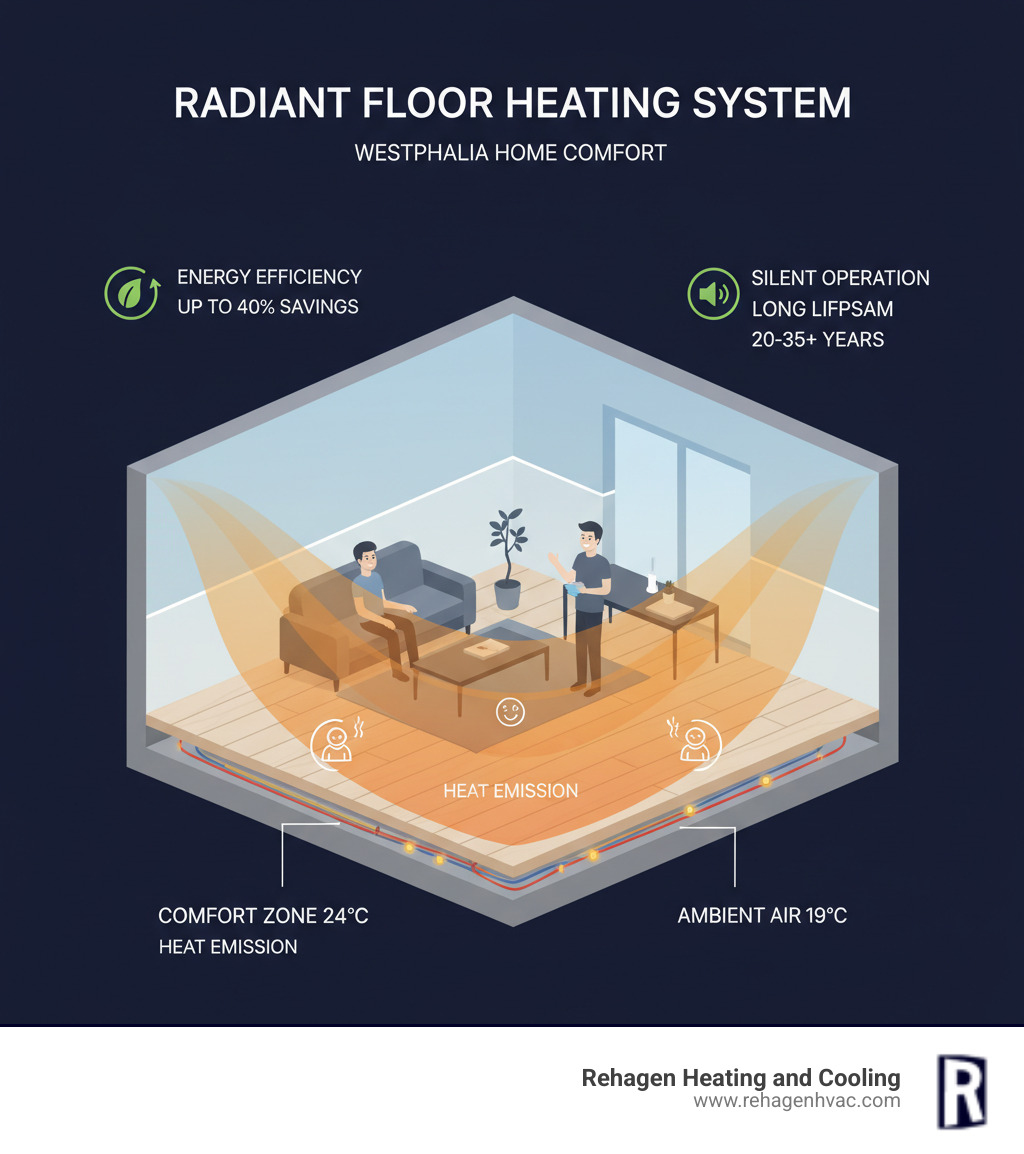 Infographic showing radiant floor heating system with heating elements beneath flooring radiating warmth upward through a cross-section of a room, illustrating heat rising to warm furniture and people, with temperature zones and energy efficiency indicators - radiant floor heating contractors westphalia infographic Infographic showing radiant floor heating system with heating elements beneath flooring radiating warmth upward through a cross-section of a room, illustrating heat rising to warm furniture and people, with temperature zones and energy efficiency indicators - radiant floor heating contractors westphalia infographic