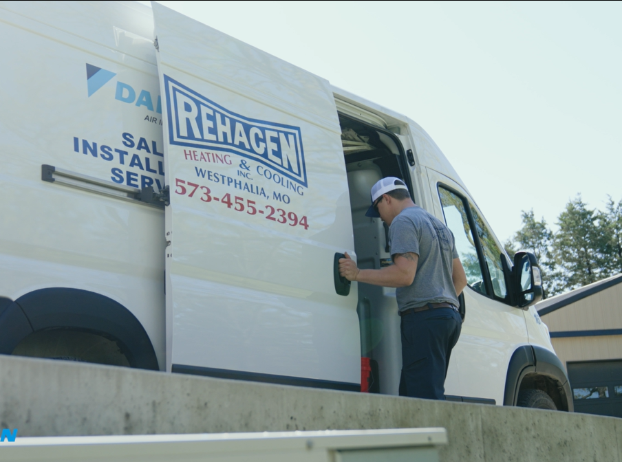 Rehagen Heating & Cooling service truck ready to provide professional furnace repair and heating services throughout Mid-Missouri.